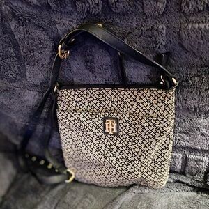 Tommy Hilfiger Beige and Black Woven Crossbody Bag